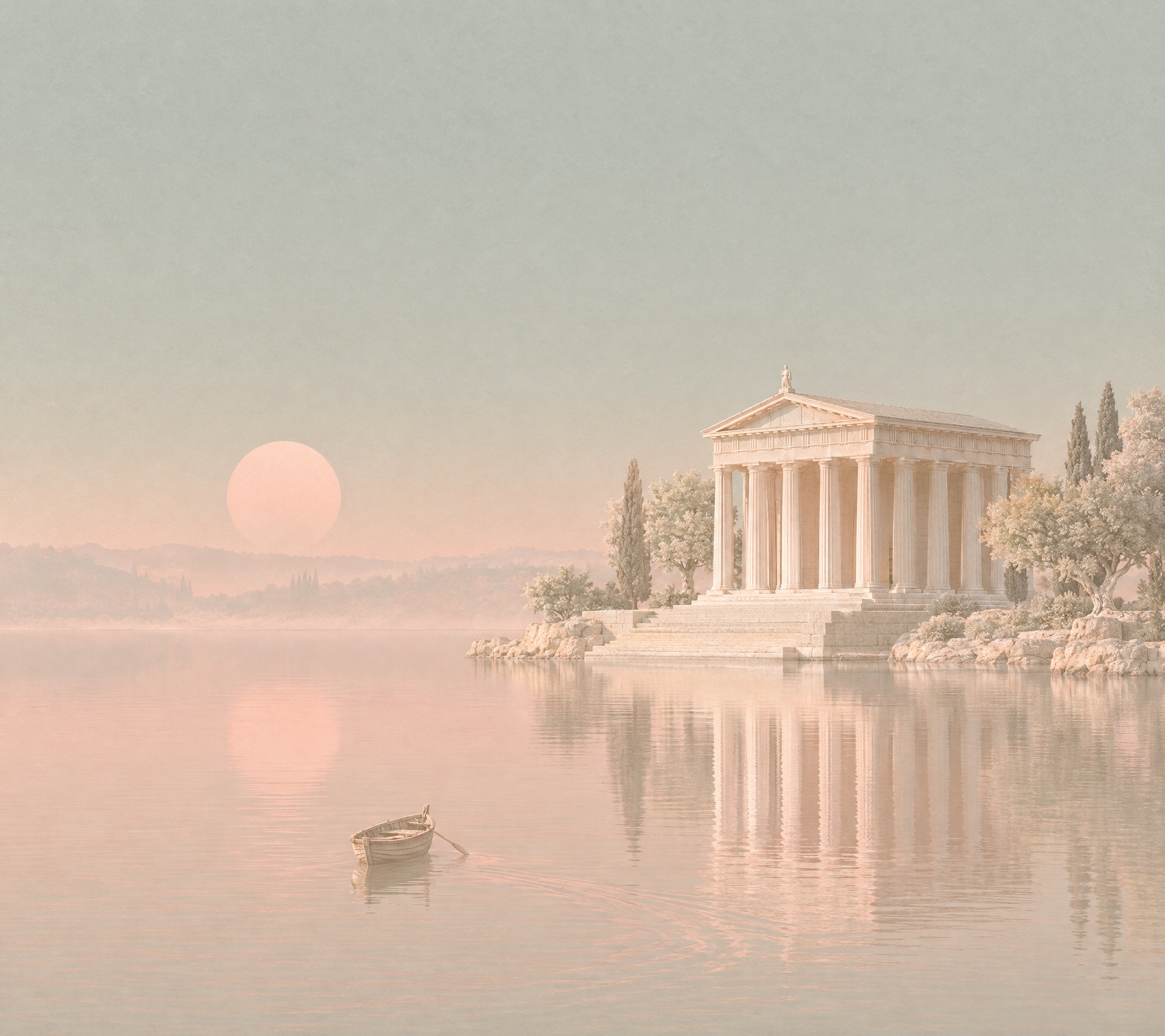 A columned temple on a still lake at dusk, a single rowing boat leaving a curved wake.